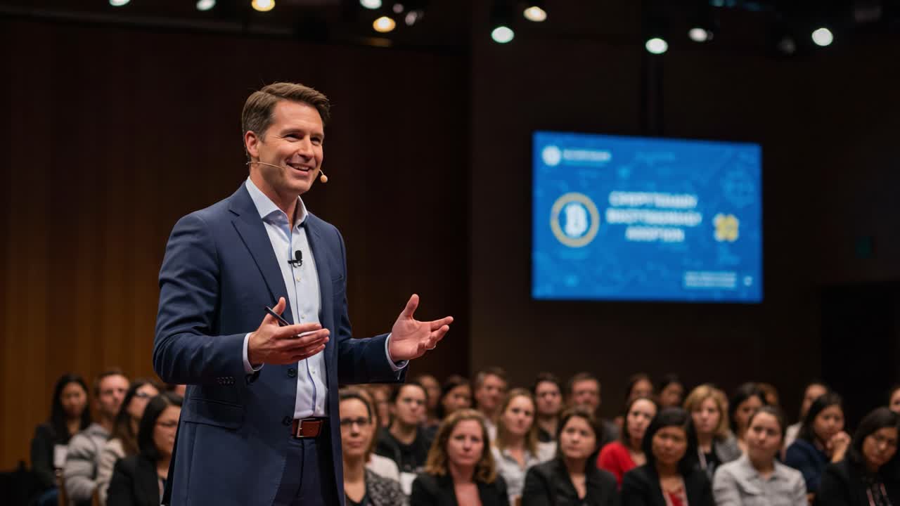 Dynamic Speaker Engages Audience During Presentation on Cryptocurrency Trends and Insights at Business Conference, Illuminating the Future of Digital Finance