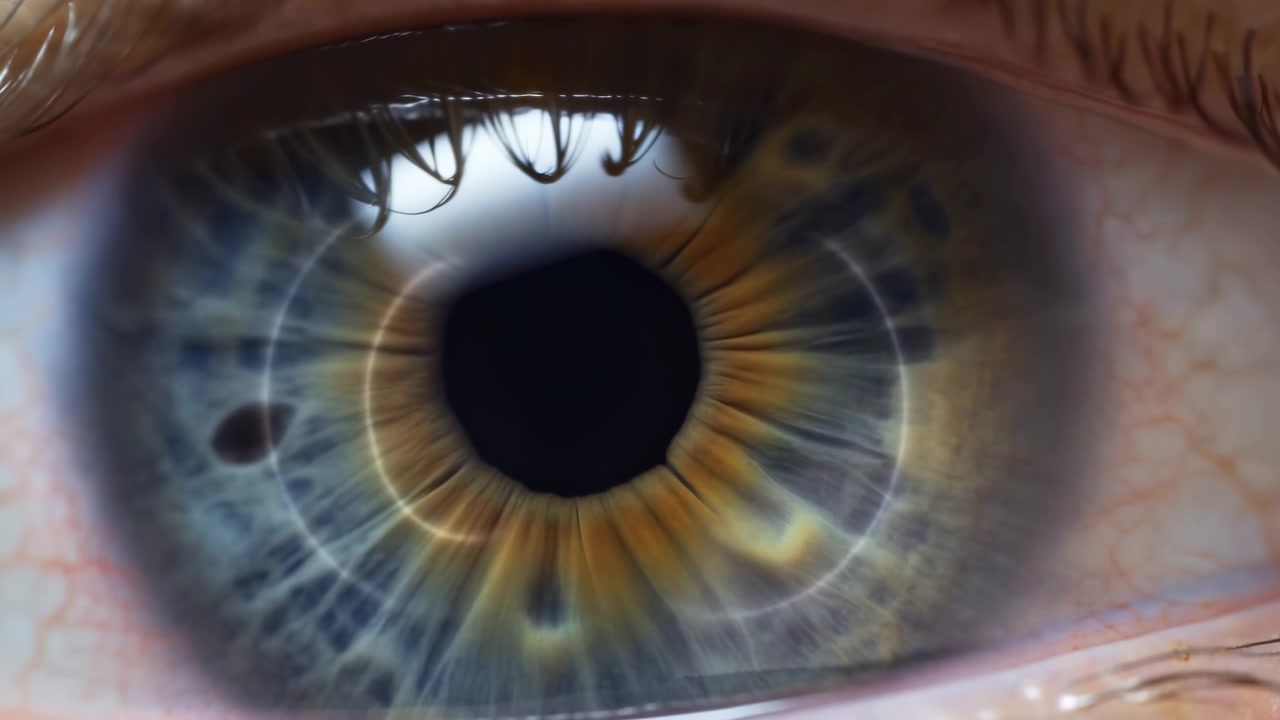 Extreme close view of human eye showing pupil expansion, iris compression into narrow colored ring, subtle eyelid shift, and bright circular reflections across glossy surface in dramatic light