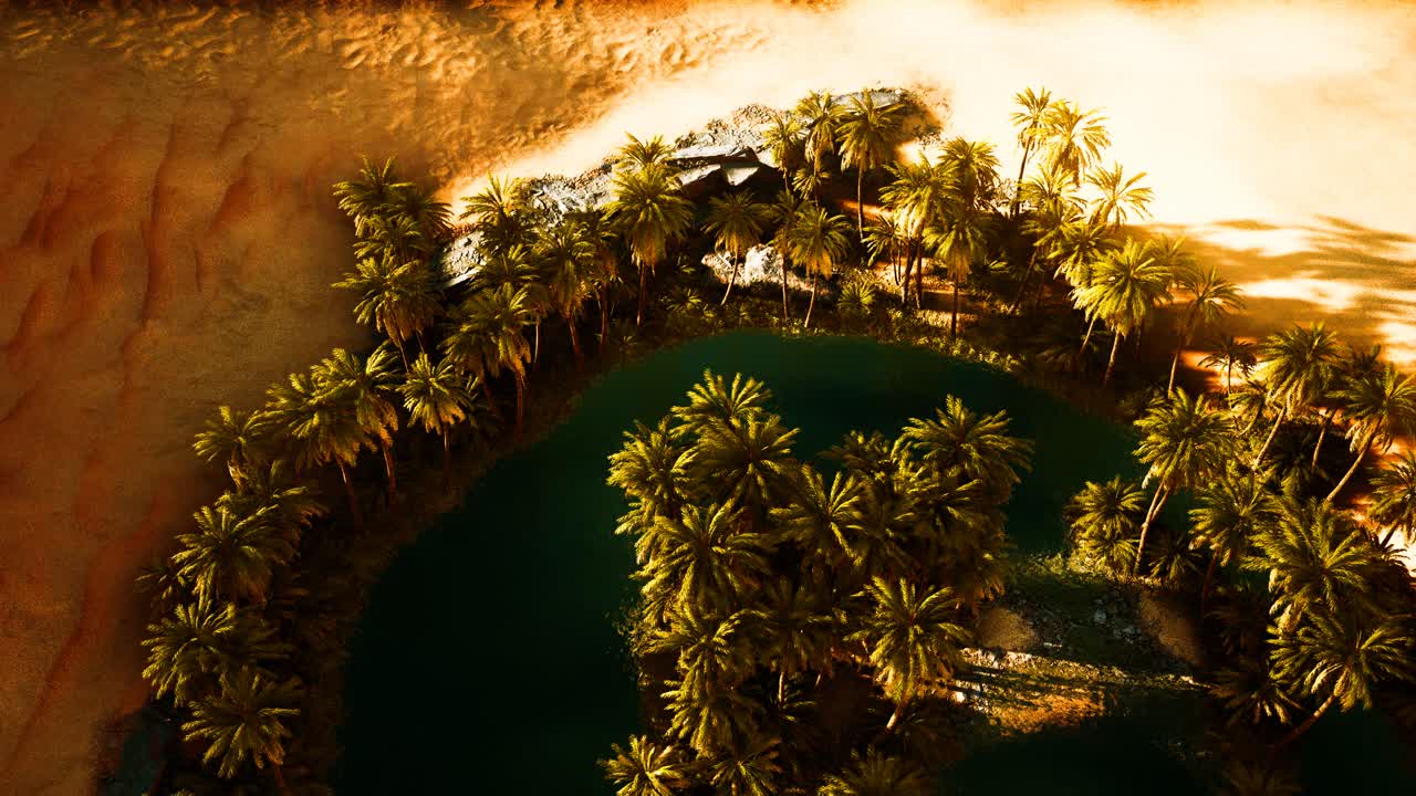 top down aerial view of oasis in desert