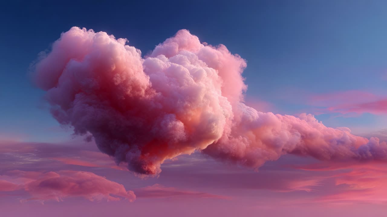 A picturesque scene of a heart-shaped cloud against a vibrant sunset sky, showcasing hues of pink and purple, embodies romantic and serene beauty in nature's artistry
