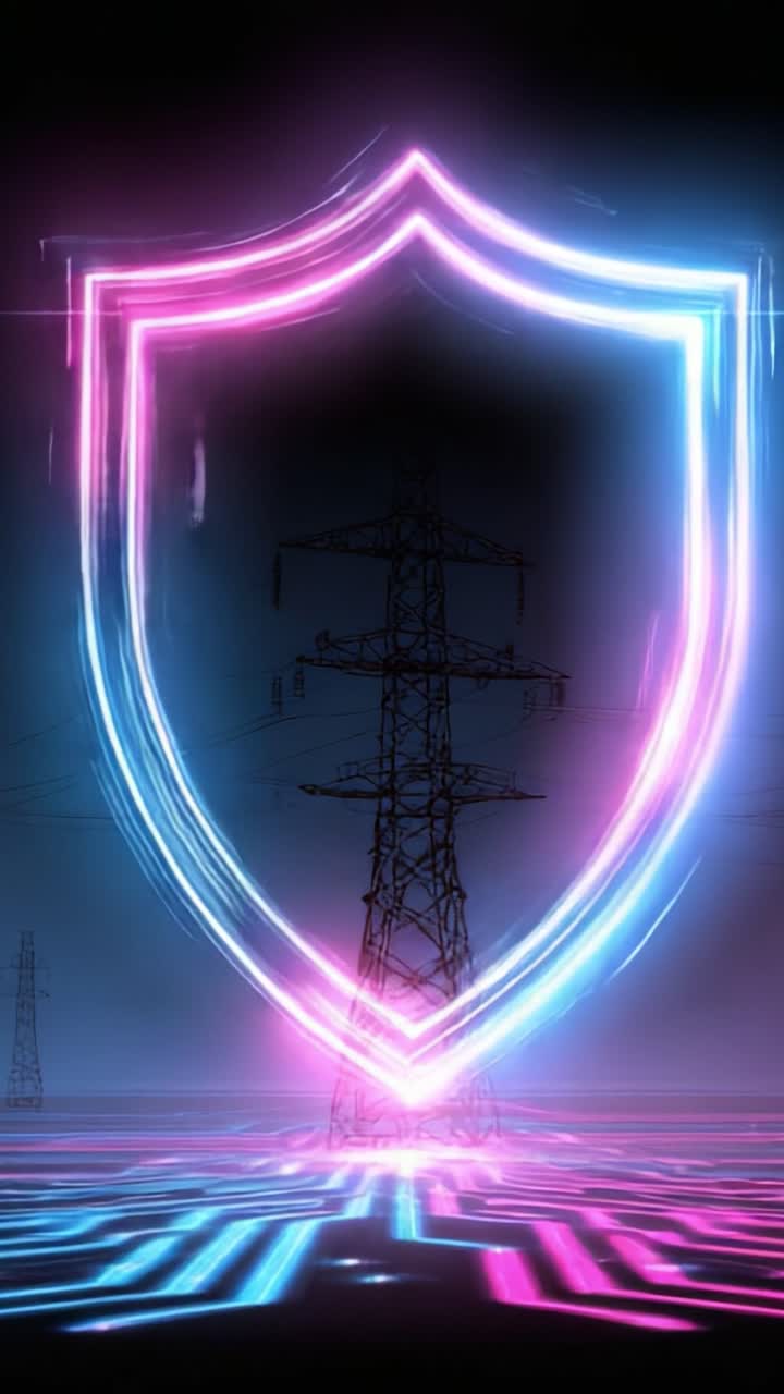 A Stunning Visual Representation of Electric Power Safeguarding, Featuring a Glowing Shield and Power Tower Set Against a High-Tech Digital Background