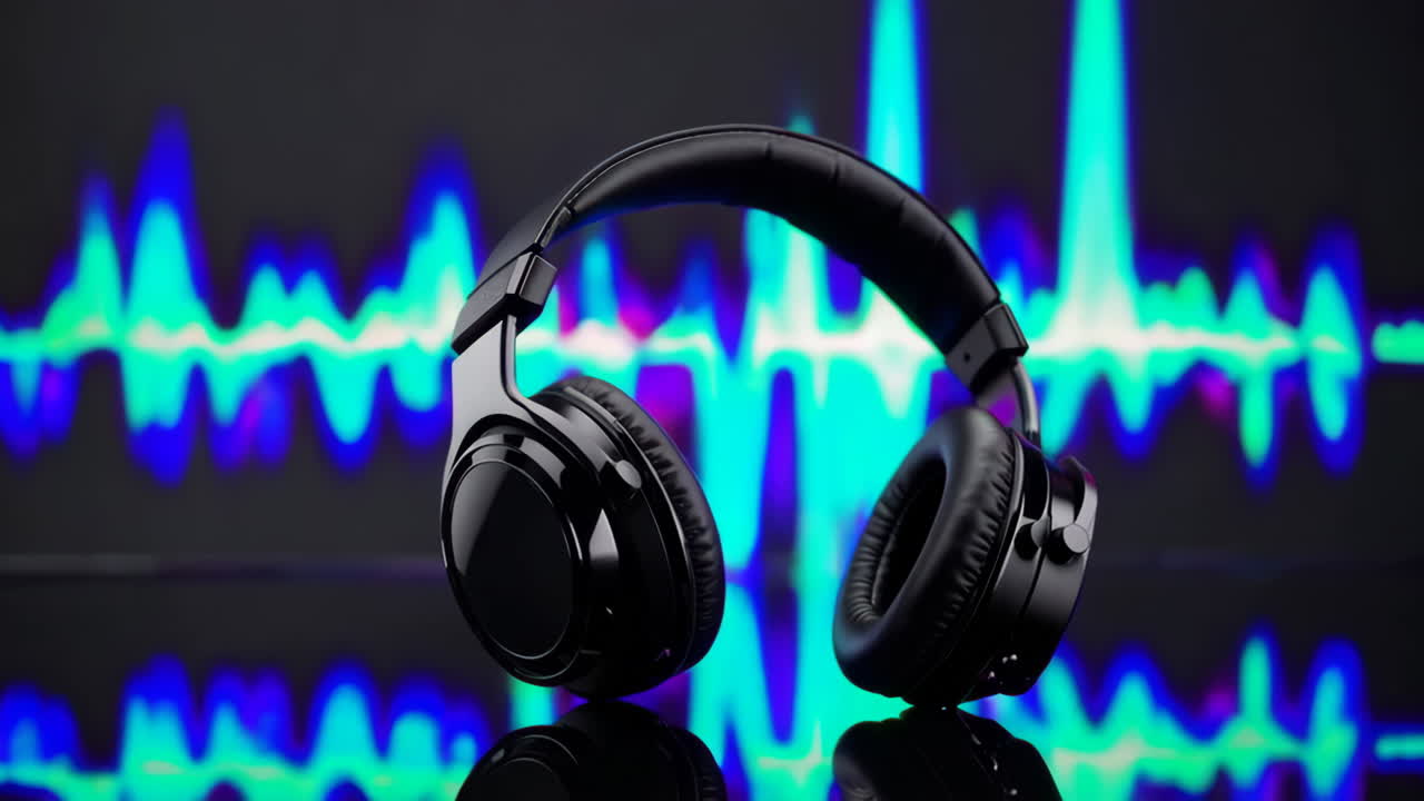 Black Over-Ear Headphones on a Reflective Surface with Abstract Waveform Background