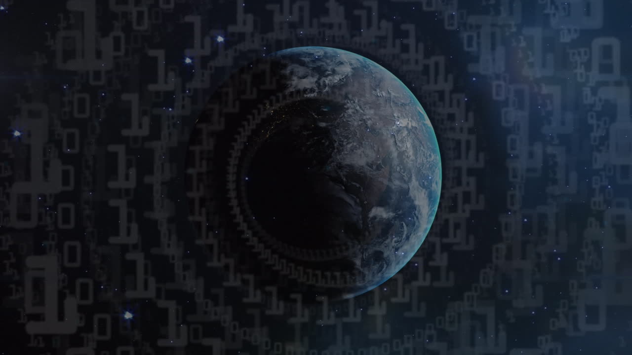 Animation of data processing and binary coding over globe