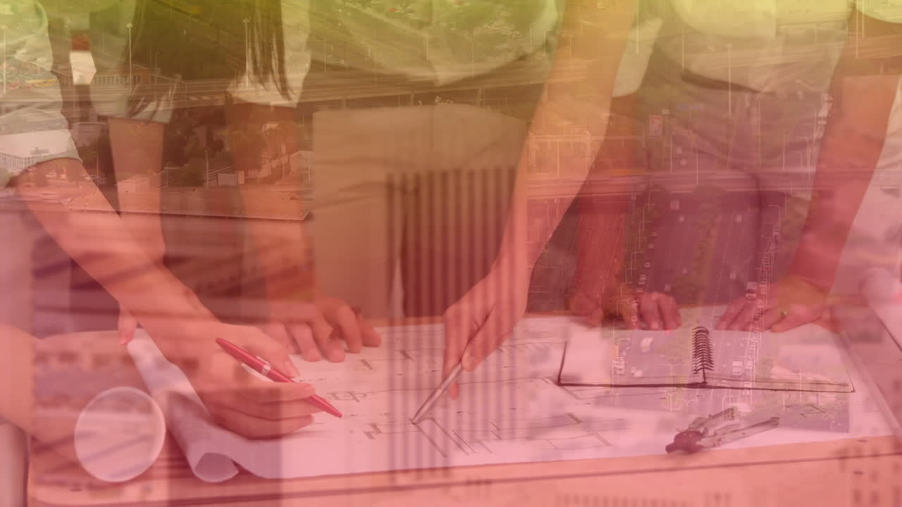 도시 풍경에 대해 함께 일하는 건축가 그룹의 애니메이션