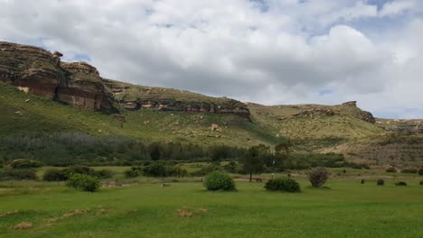 lapso de tiempo escénico de la nube de la montaña camelroc moluti al final de la tarde sobre los acantilados de arenisca cerca de la granja con pájaros emú caminando