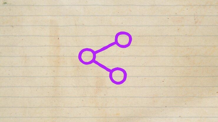 Animazione di un'icona di condivisione delineata in viola disegnata a mano con un pennarello su carta bianca a righe vintage