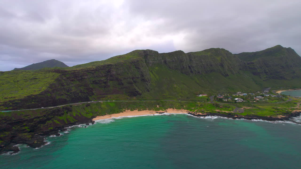 Aerial view of Makapuu Beach Park on the coast of Oahu Hawaii