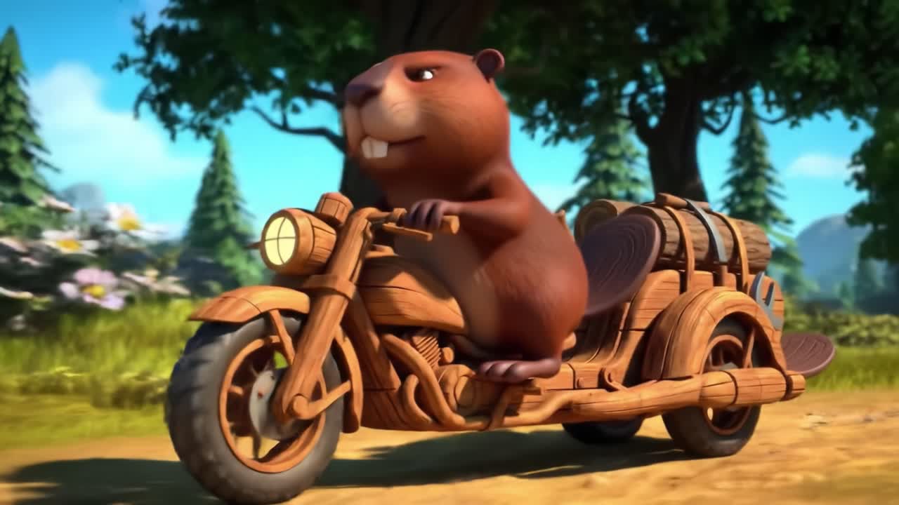 An adventurous beaver rides a charming wooden motorcycle through a vibrant forest, showcasing a whimsical and playful atmosphere in this animated scene