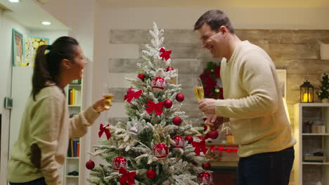 una hermosa pareja de jóvenes bebiendo champán.