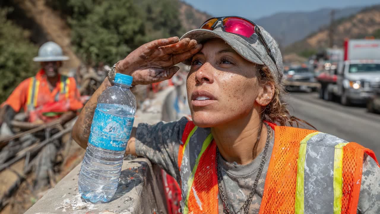 Exhausted Worker Takes a Break on the Job, Saluting in the Sunlight While Hydrating with Water Bottle Amidst a Busy Highway Construction Scene