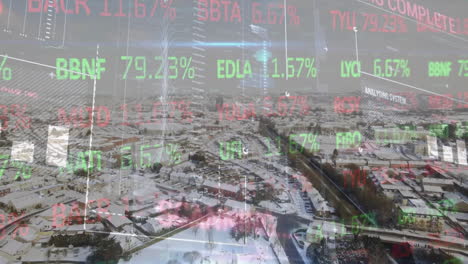 animation of interface with stock market data processing over aerial view of snow covered cityscape