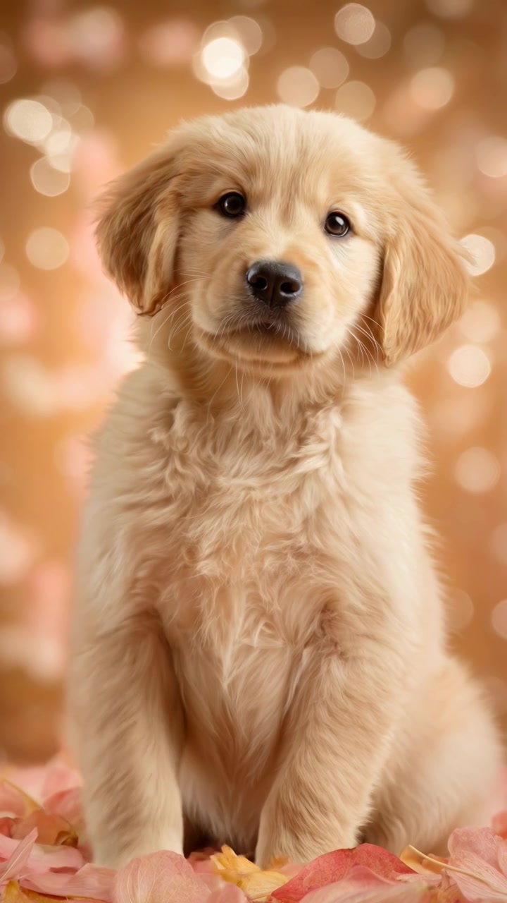 Adorable cachorro de Golden Retriever sentado entre pétalos