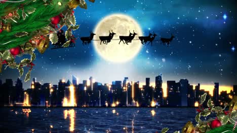 christmas wreath decorations against santa claus in sleigh being pulled by reindeers over cityscape