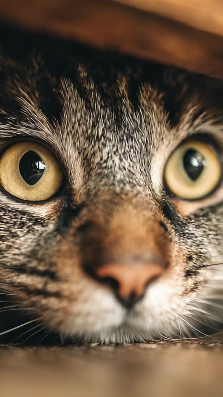 Gatto curioso che osserva da sotto una superficie: primo piano del suo sguardo intenso e dei suoi lineamenti sorprendenti, che cattura l'essenza della curiosità felina