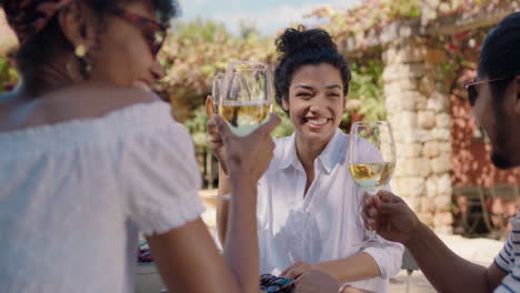 beautiful woman drinking wine making toast with friends celebrating on vacation at holiday villa enjoying group of people relaxing outdoors on sunny day 4k