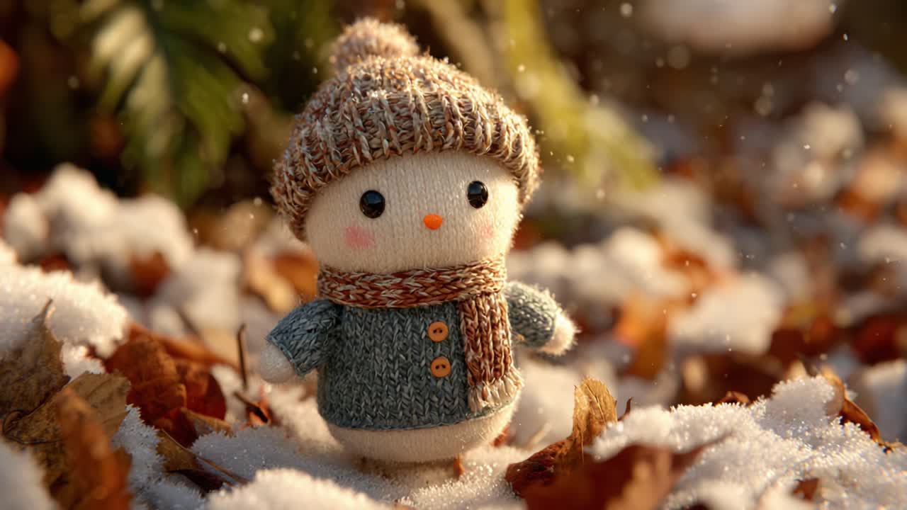 A Charming Knitted Snowman Character Captivatingly Stands Amidst a Layer of Fresh Snow and Autumn Leaves, Radiating Warmth and Joy in a Magical Winter Wonderland