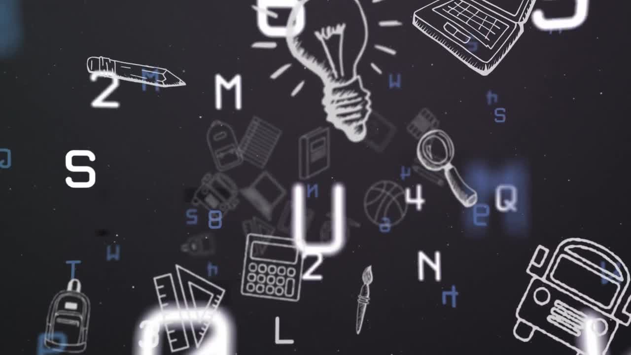 Digital animation of school concept icons against multiple changing numbers and alphabets floating a