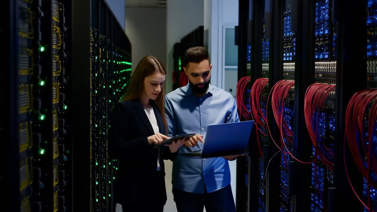 Engineers working in a server room