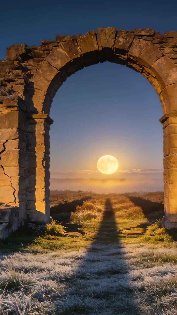Video verticale: Rovine di un arco in pietra che proiettano un'ombra su un sentiero ghiacciato mentre la luna sorge, la nebbia si dirada