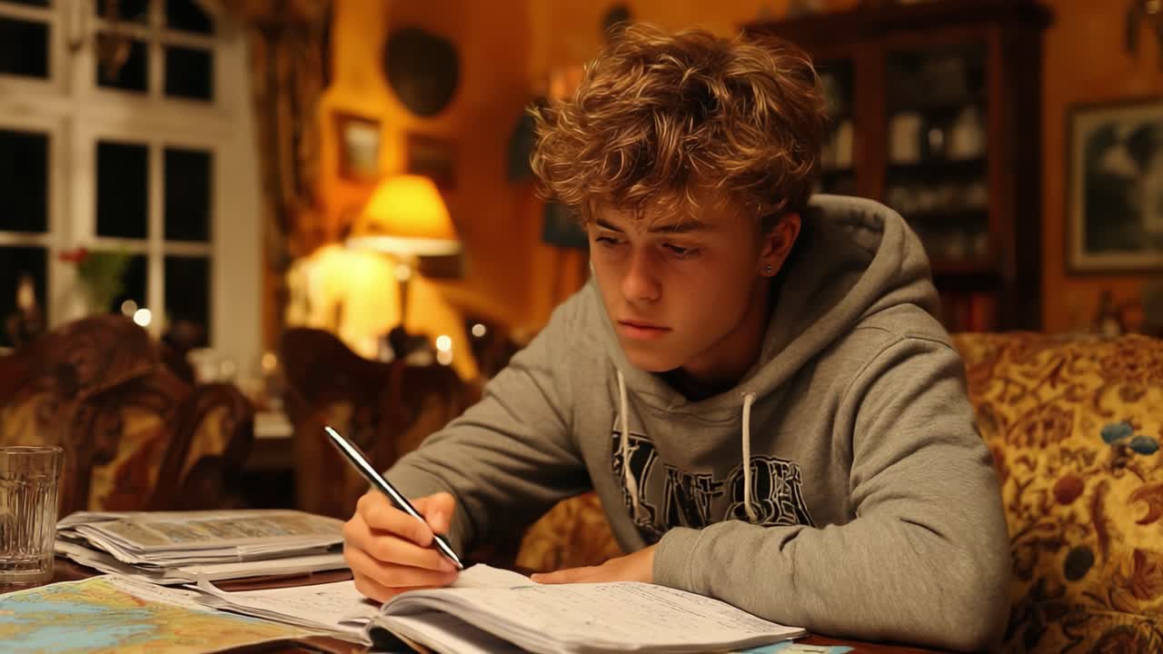 Fokusert student engasjert i lekser i en koselig kveldssetting, omgitt av bøker og papirer, som fanger essensen av læring og dedikasjon