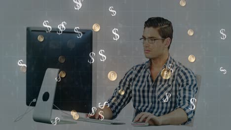 Dollar-and-bitcoin-symbols-moving-against-man-using-computer