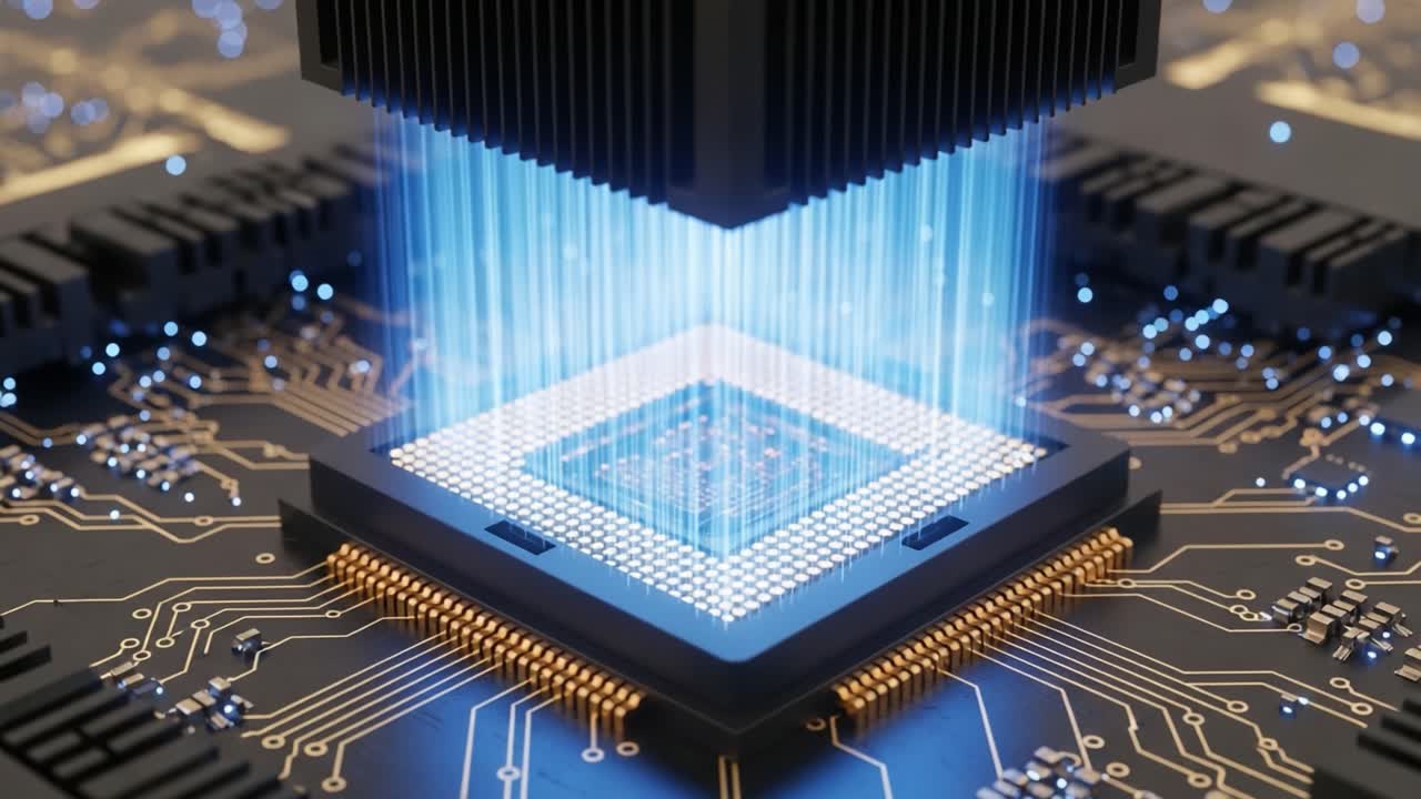 Futuristic Microchip Technology: Illuminated Processor with Data Transmission Visualization in a High-Tech Circuit Board Environment
