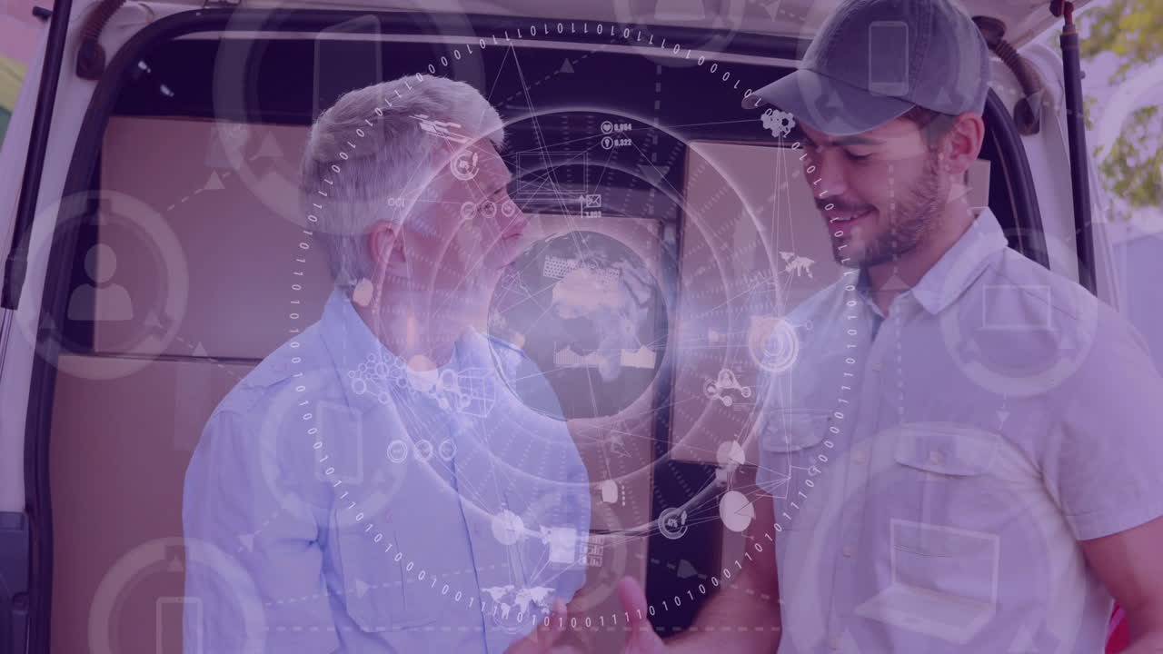 창고 구성 배달 남자와 고객이 패키지로 가득 차 있는 밴 앞에