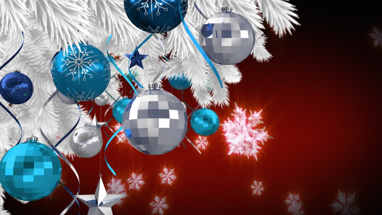 animación de bolas de navidad y nieve cayendo sobre un fondo rojo