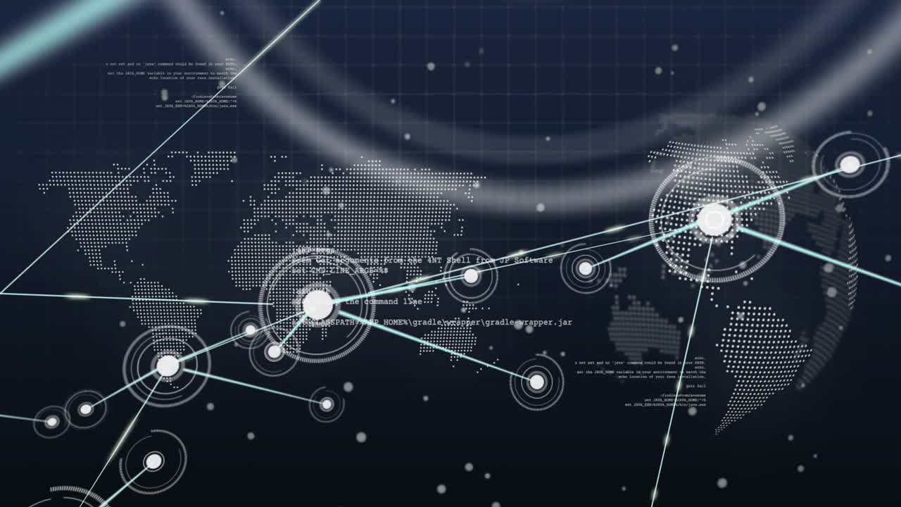 Central node appearing, global network forming and pulsing, linking map and globe showing data flow