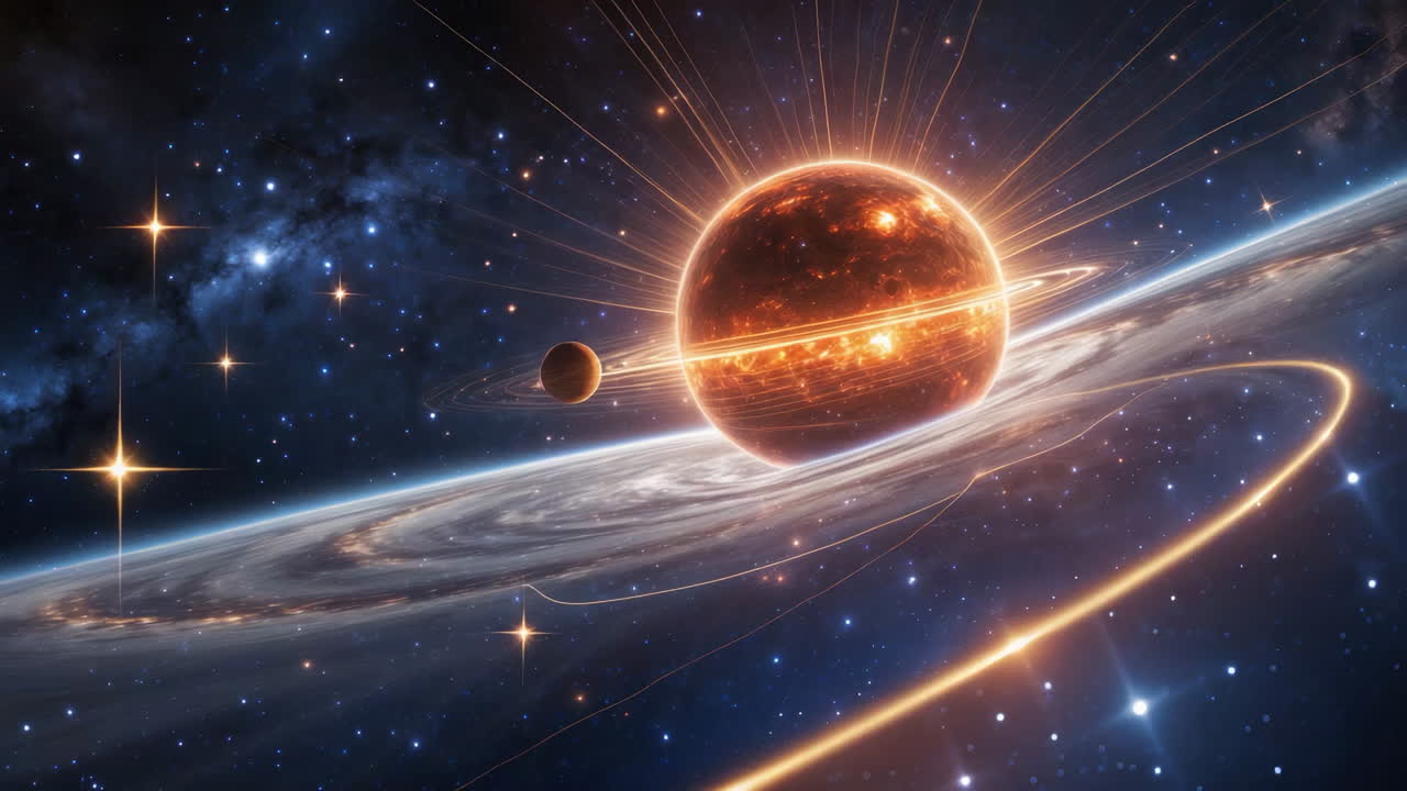 A celestial body with glowing rings in deep space