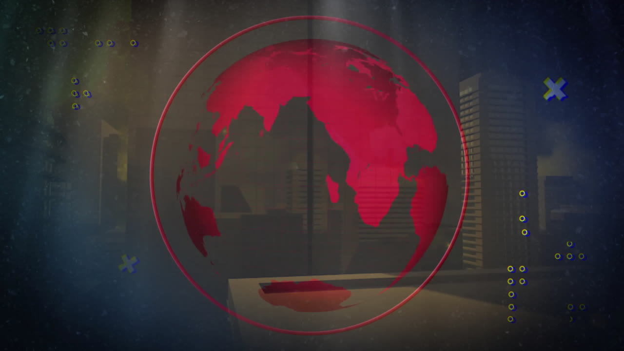 Red globe animation over cityscape with digital effects and abstract elements
