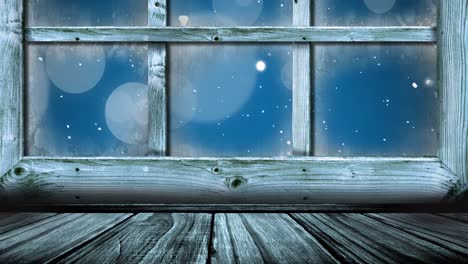 animation of wooden window frame with christmas snowflakes falling in blue sky