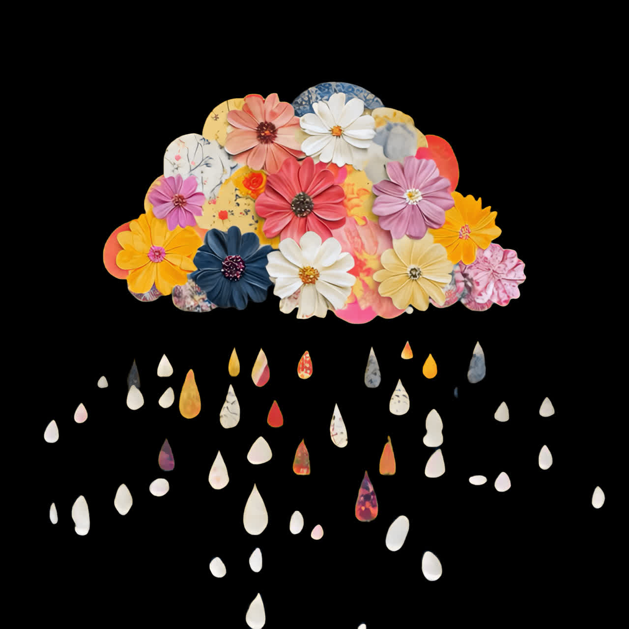 Floral cloud raining petals animation isolated asset, transparent 4K video, alpha channel, ProRes