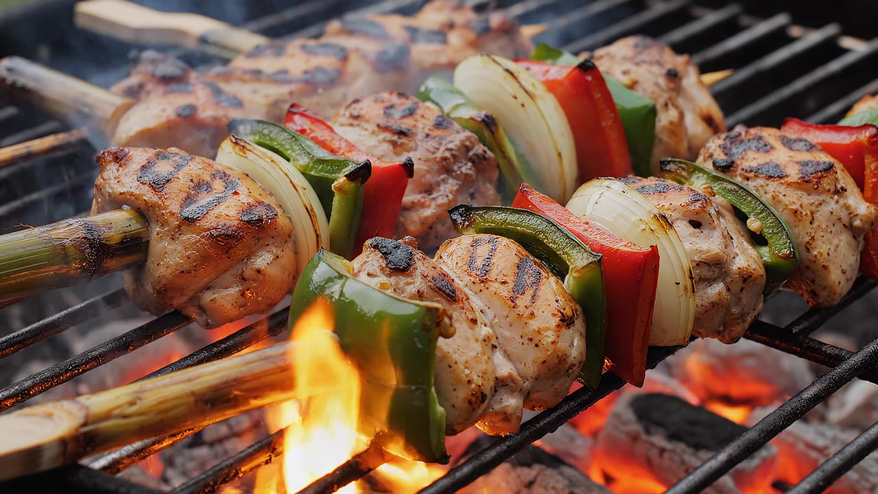 Spiedini di pollo e verdure grigliati su fiamme vive sul barbecue