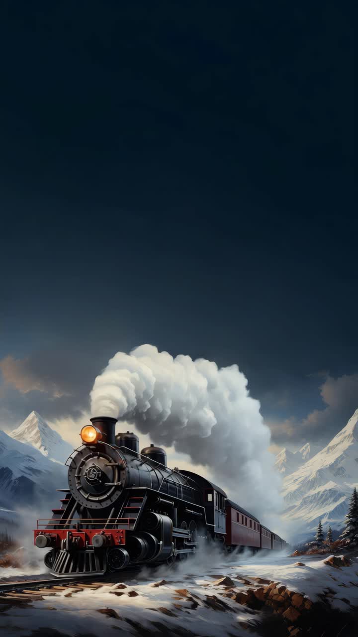 Dramatic low-angle shot of a steam train in motion, capturing dynamic energy and movement, perfect