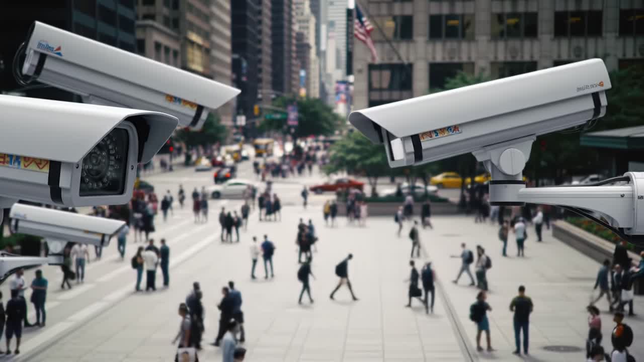 Surveillance in Urban Spaces: The Intricate Dance of Technology and Society Captured Through Security Cameras Overlooking a Busy City Intersection