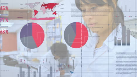 statistical data processing against female scientist using laptop in laboratory