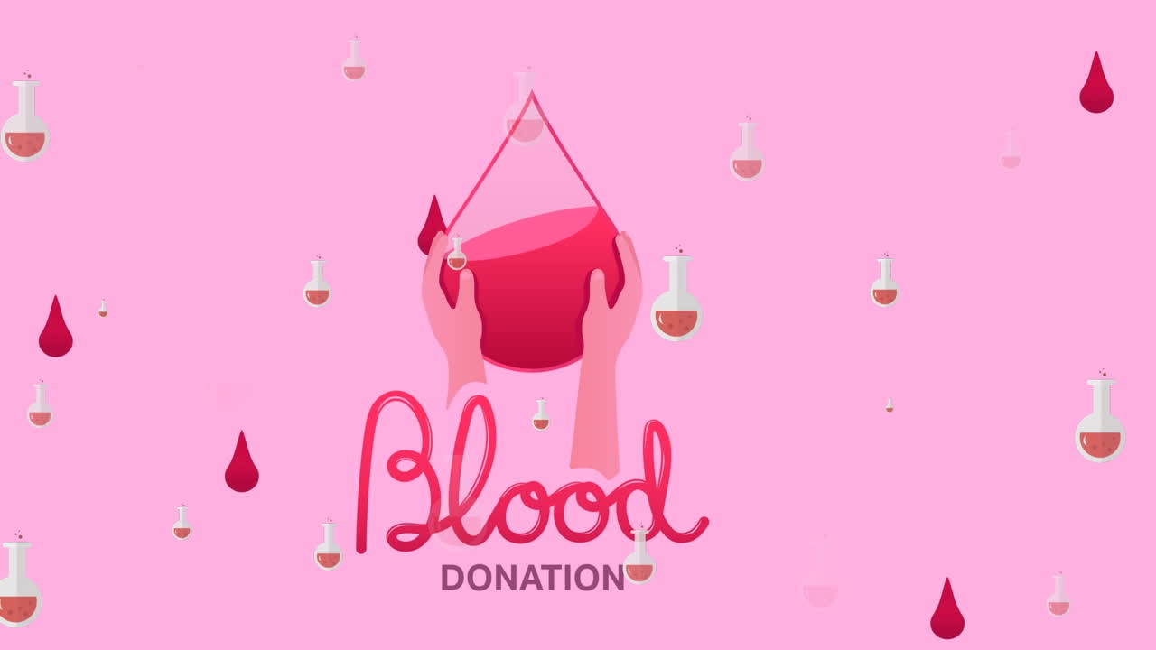 Animation of lab glasses and blood drops over hand holding blood and blood donation