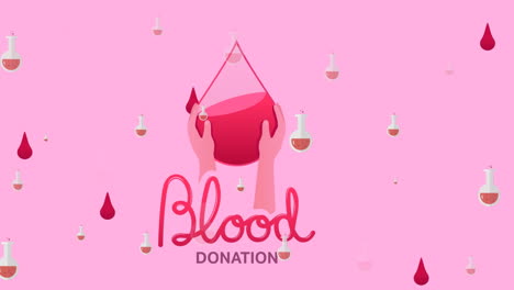 animation of lab glasses and blood drops over hand holding blood and blood donation