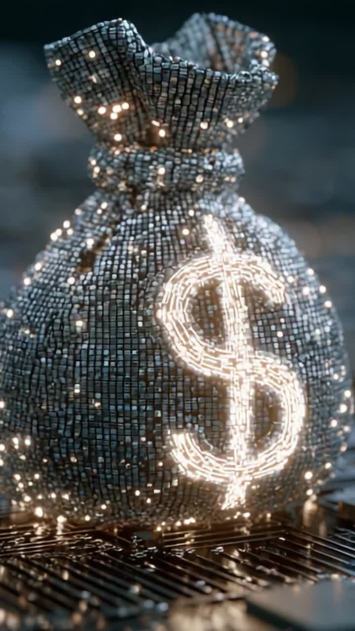 Un luccicante sacchetto di denaro pieno di monete scintillanti raffigurato con dettagli accattivanti, che mostra ricchezza e prosperità in una straordinaria visualizzazione in rendering in 3D