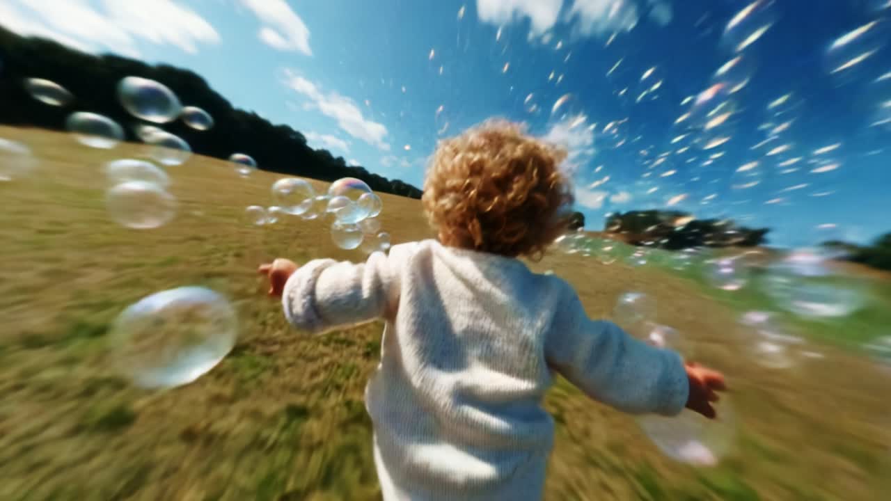 Iloinen lapsi jahtaa värikkäitä kuplia aurinkoisella niityllä: lapsuuden ihmeen ja leikkisyyden vangitseminen heidän juostessaan kelluvien, kimmeltävien saippuakuplien joukossa