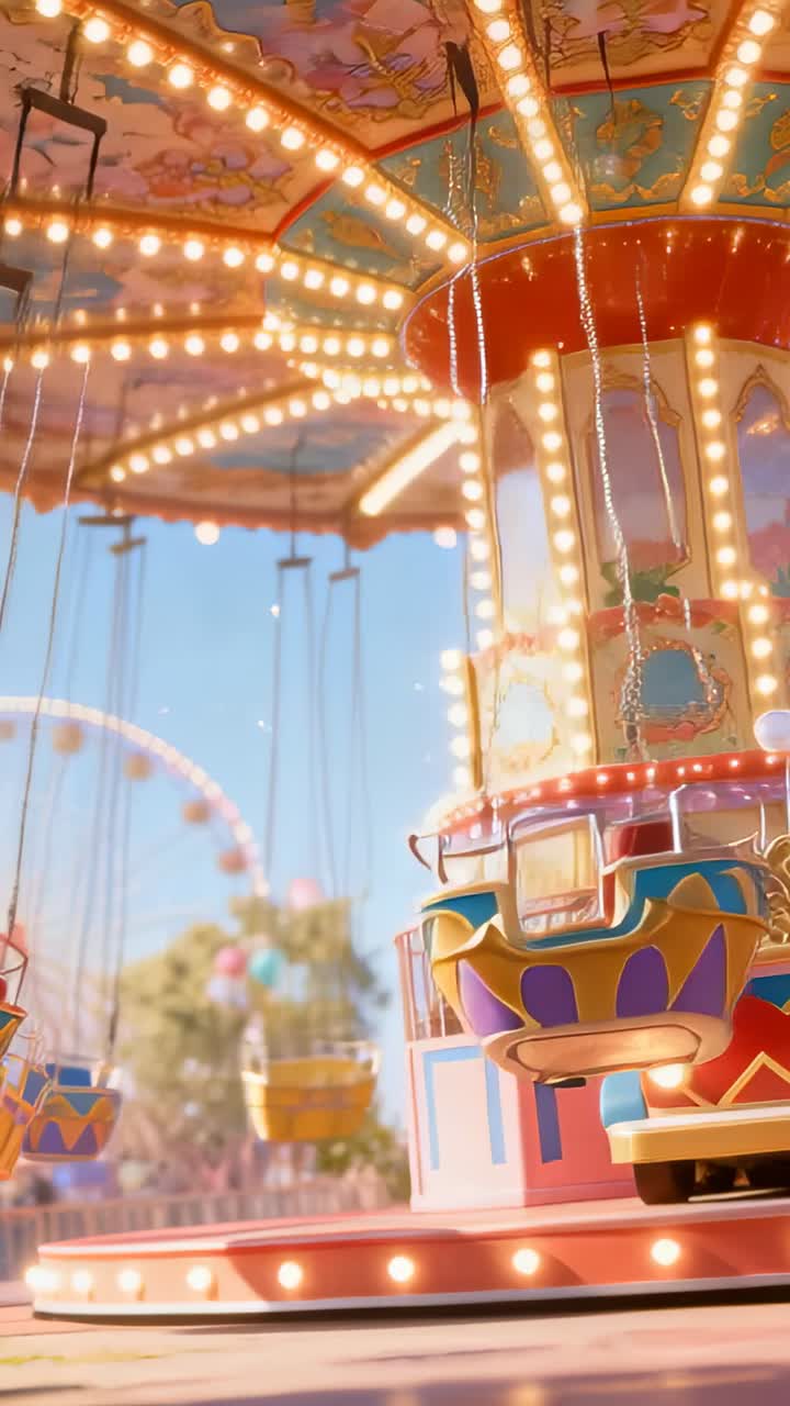 Vertical video: Starting motor spinning swing ride at fair, lifting chairs with bulbs for guests