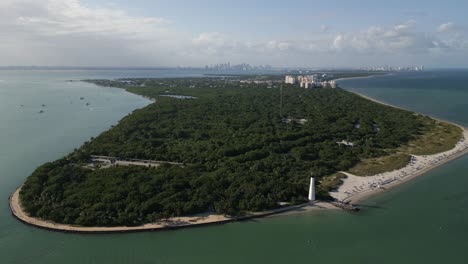 aerial-drone-high-angle-Cape-Florida-Llighthouse-south-end-of-Key-Biscayne-in-Miami-Dade-County,-Florida-USA