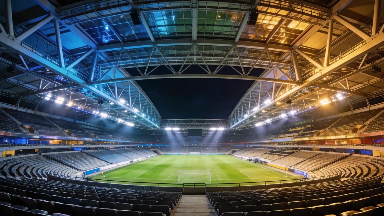 Accensione dell'illuminazione dello stadio che illumina il campo da calcio vuoto per il calcio d'inizio, con i pali della porta e la struttura del tetto