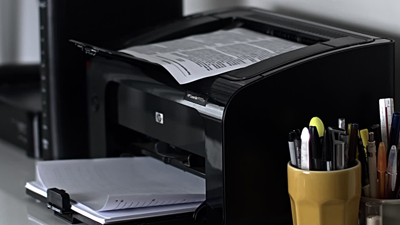 Modern printing technology, home office equipment, slow motion scenery