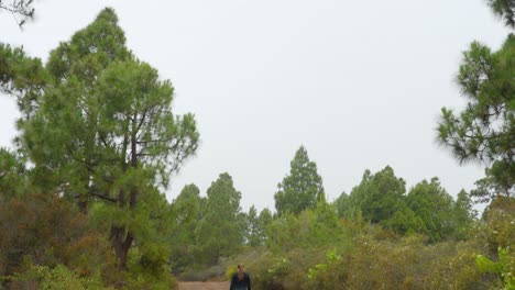 Woman-walking-on-dirt-road-in-Tenerife,-tilt-up-showing-the-grey-sky
