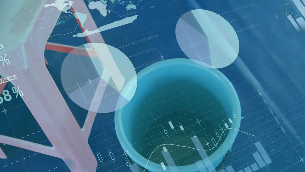 파란색 배경에 대 한 배설물과 버의 클로즈업에서 통계 데이터 처리의 애니메이션