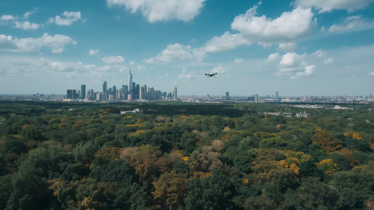 Flying black quadcopter moving right over park treetops after pilot command, skyline, copy space