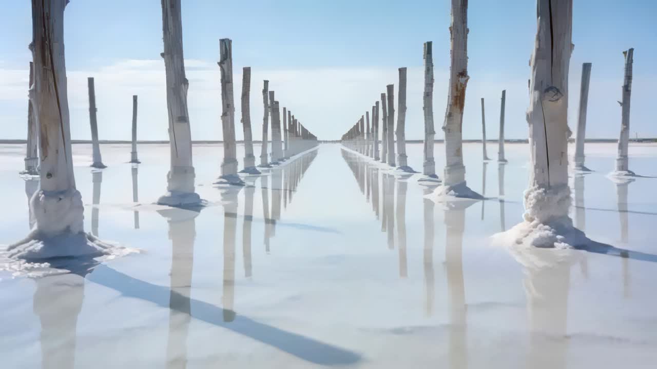 Telecamera in movimento che scorre in avanti lungo pali incrostati di sale in una salina, mostrando riflessi.