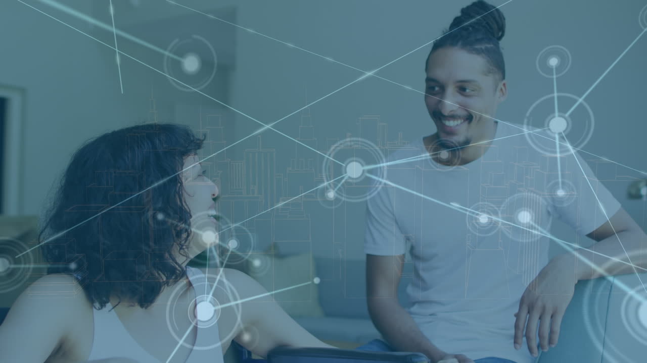 animación de conexiones sobre feliz pareja diversa hablando